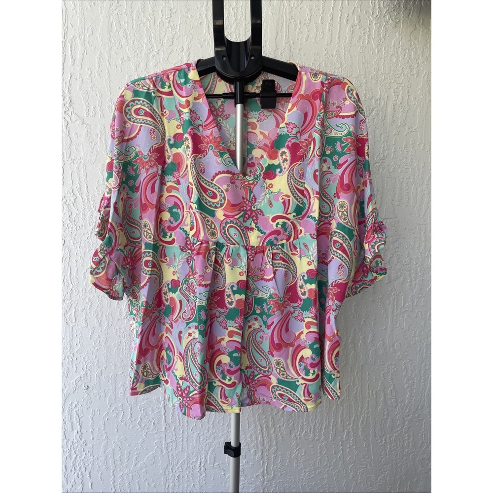 Emily Wonder Womens Paisley V-Neck Babydoll Blouse Ruffle Sleeve Multicolor M